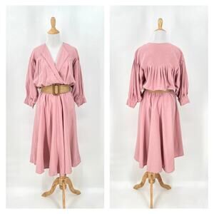 VINTAGE NATURELLE GEORGE GEORGIOU Raw Silk Noil Dress Women XS Pink Dolman Midi